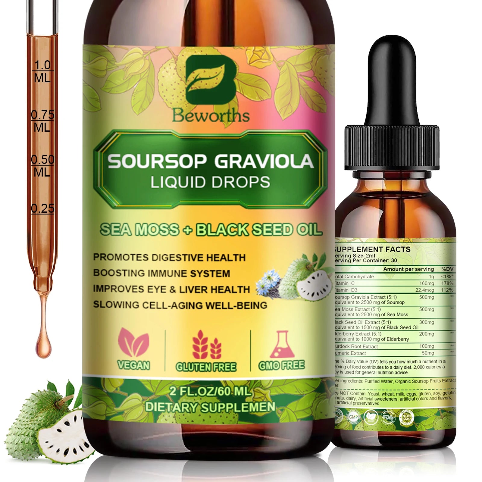 BEWORTHS 60ml Soursop Graviola Extract Drops Support Immunity and Kidney Health, Detox and Antioxidation Gluten-Free