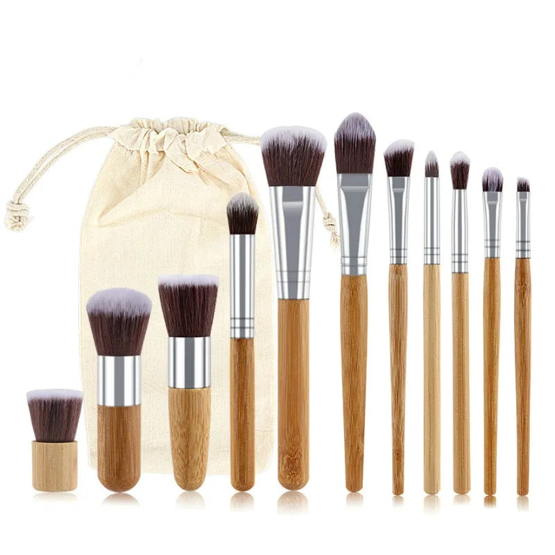 11pcs Natural Bamboo Handle Makeup Brushes Set High Quality Foundation Blending Cosmetic Make Up Tool Set With Cotton Bag