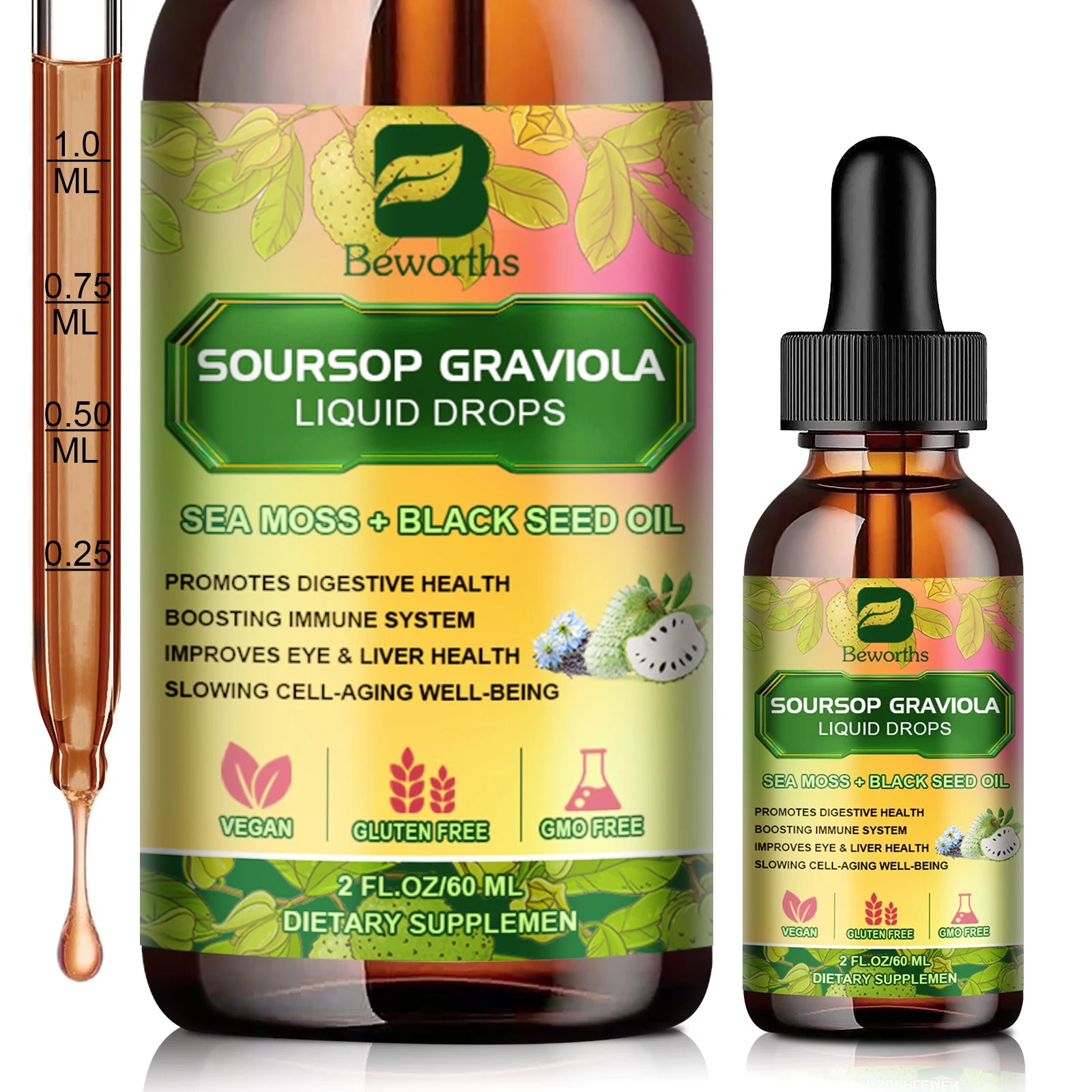 BEWORTHS 60ml Soursop Graviola Extract Drops Support Immunity and Kidney Health, Detox and Antioxidation Gluten-Free